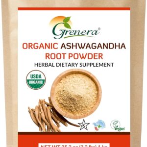 Grenera Organic Ashwagandha Powder 2.2 lbs (35.2 Ounce) (Withania somnifera) - Organic, Vegan, Kosher Certified