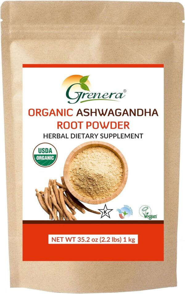 Grenera Organic Ashwagandha Powder 2.2 lbs (35.2 Ounce) (Withania somnifera) - Organic, Vegan, Kosher Certified